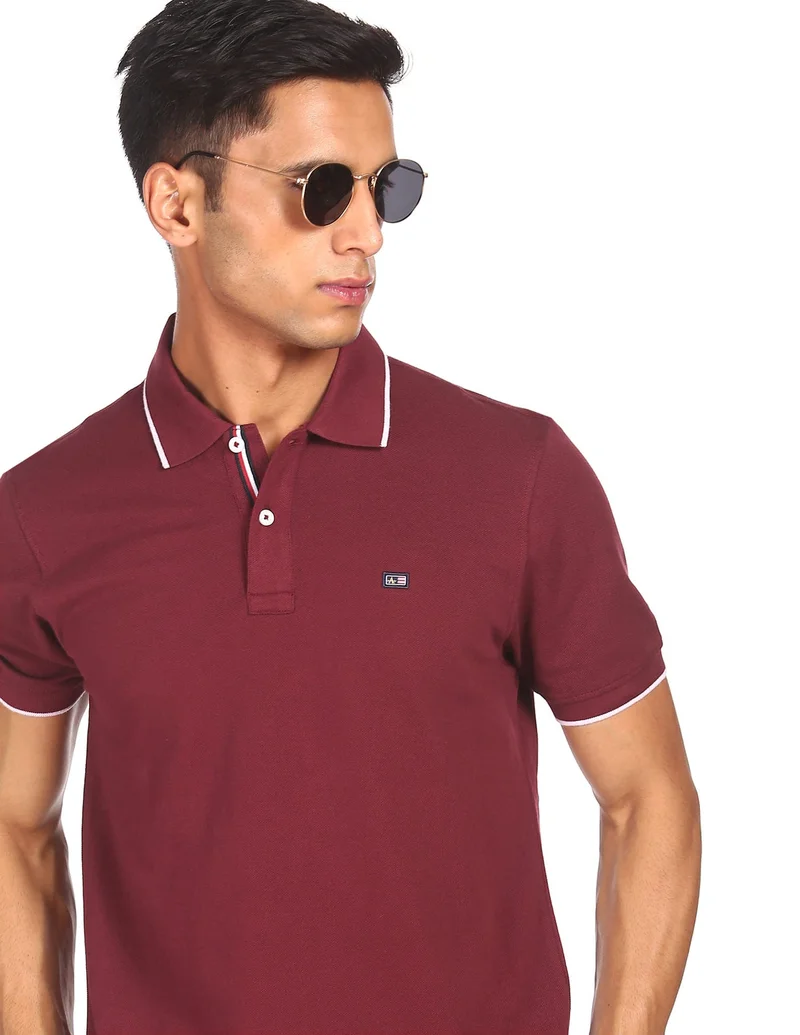 Arrow Burgundy Tipped Cotton Solid Polo Shirt for Men | Best Price UAE