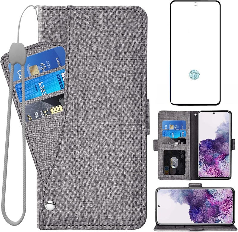 Asuwish Compatible With Samsung Galaxy S20 Plus Glaxay S20+ 5G Wallet Case Tempered Glass Screen Protector And Flip Cover Card Holder Cell Phone Cases For Gaxaly S20+5G S20Plus 20S + S 20 20+ G5 Gray - Image 1
