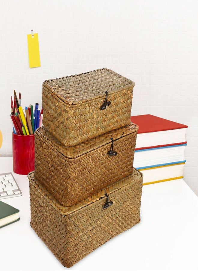 Vosarea Rattan Storage Basket Makeup Organizer Multipurpose Container with Lid (S//L) - Image 2