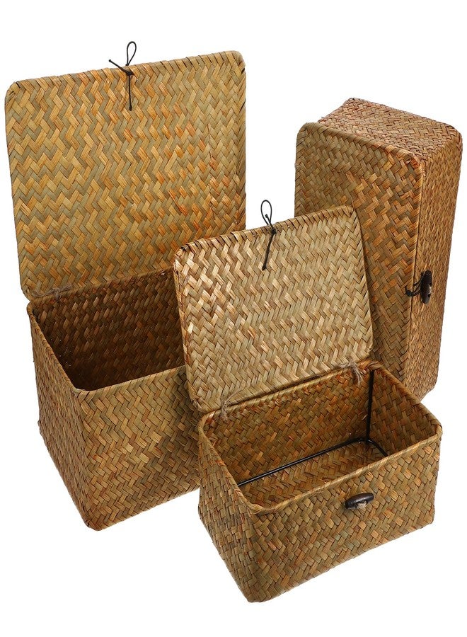 Vosarea Rattan Storage Basket Makeup Organizer Multipurpose Container with Lid (S//L) - Image 4