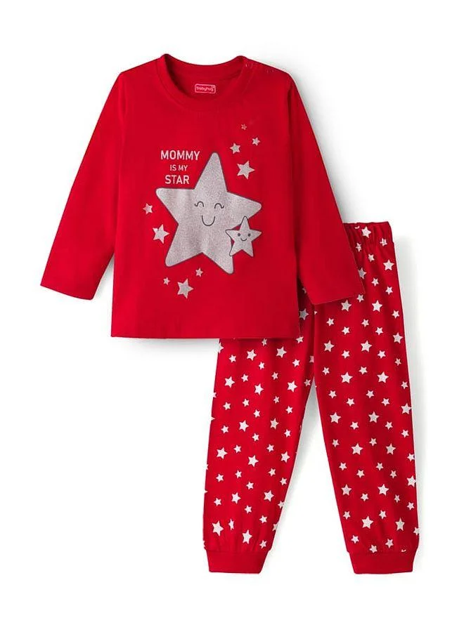 Babyhug Babyhug Cotton Knit Full Sleeves Star Printed Pajama Night Suit - Red