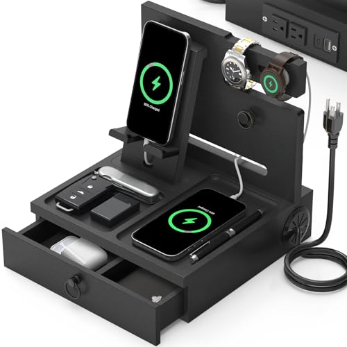 Zaldia Wood Phone Docking Station with USB Ports and Outlets, Nightstand Organizer with Charging Station, Bedside Organizer with Drawer for Watch & Accessories, Christmas Anniversary Birthday Gifts for Men - Image 1