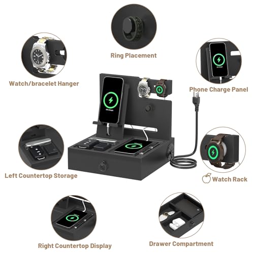 Zaldia Wood Phone Docking Station with USB Ports and Outlets, Nightstand Organizer with Charging Station, Bedside Organizer with Drawer for Watch & Accessories, Christmas Anniversary Birthday Gifts for Men - Image 5