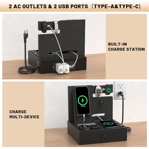 Zaldia Wood Phone Docking Station with USB Ports and Outlets, Nightstand Organizer with Charging Station, Bedside Organizer with Drawer for Watch & Accessories, Christmas Anniversary Birthday Gifts for Men - Image 2