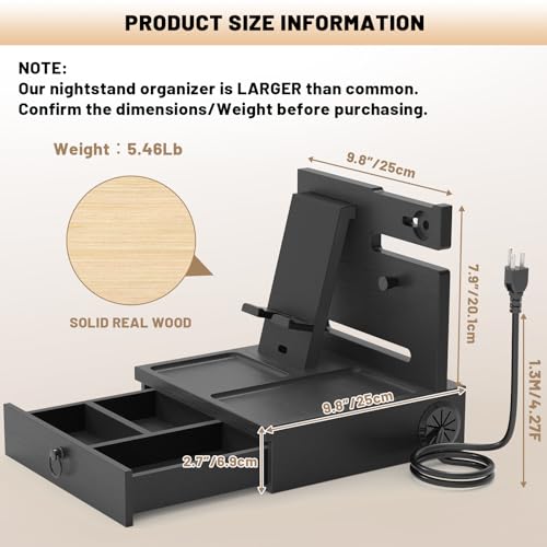 Zaldia Wood Phone Docking Station with USB Ports and Outlets, Nightstand Organizer with Charging Station, Bedside Organizer with Drawer for Watch & Accessories, Christmas Anniversary Birthday Gifts for Men - Image 4