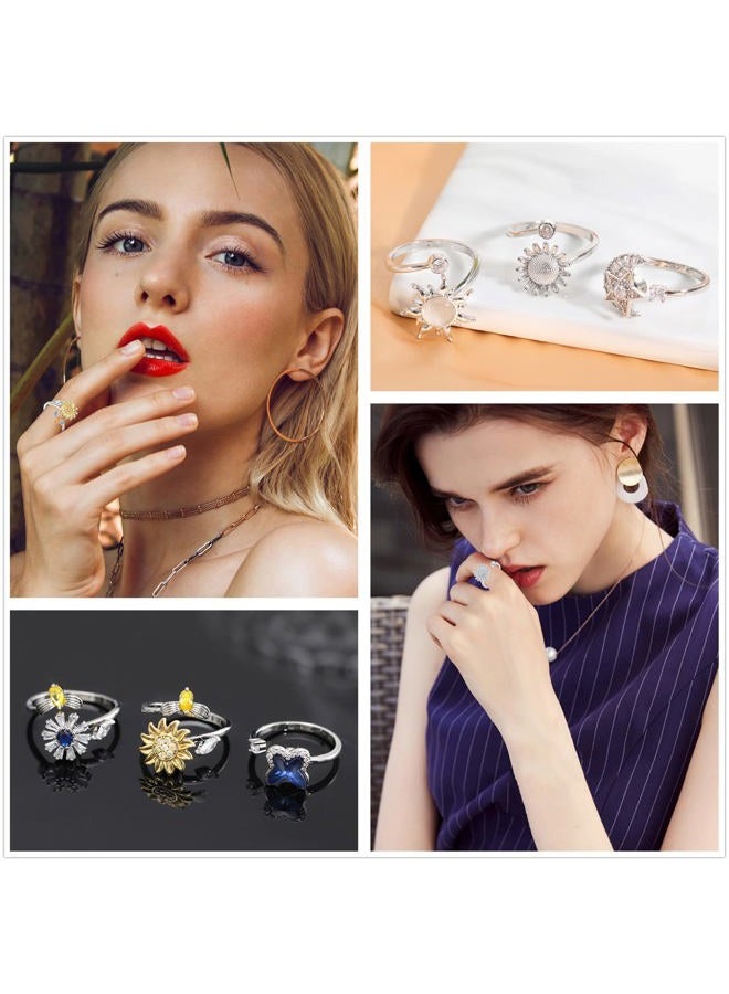 Honsny Fidget Rings for Women, Spinner Fidget Ring Set, Sunflower Butterfly Bee Star Moon Relief Spinning Rings for Adults - Image 2