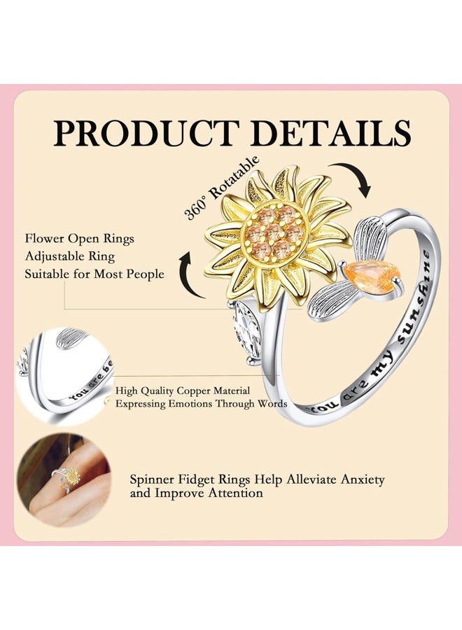 Honsny Fidget Rings for Women, Spinner Fidget Ring Set, Sunflower Butterfly Bee Star Moon Relief Spinning Rings for Adults - Image 5