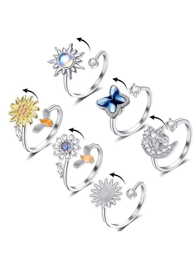 Honsny Fidget Rings for Women, Spinner Fidget Ring Set, Sunflower Butterfly Bee Star Moon Relief Spinning Rings for Adults - Image 1