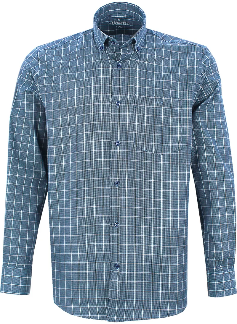 Varetta Men's Green Check Collar Buttoned Long Sleeve Shirt with Pocket XL