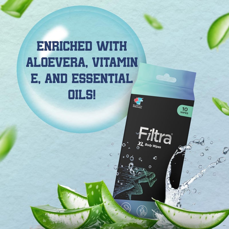 Filtra ® XL Body Wipes | Extra Large & Thick Full Body Wipes | Pack of 10 Single Sachets Wipes | Shower in a Sachet | Suited for Gym | Fitness | Sports | Athletes | Cricket | Soccer | Runners | Racket Sports | Travel | Commuter | Trekking | Camping | Festivals | Road Trips - Travel Pack of 10 Single Sachets - 10 count (Pack of 3) - Image 4