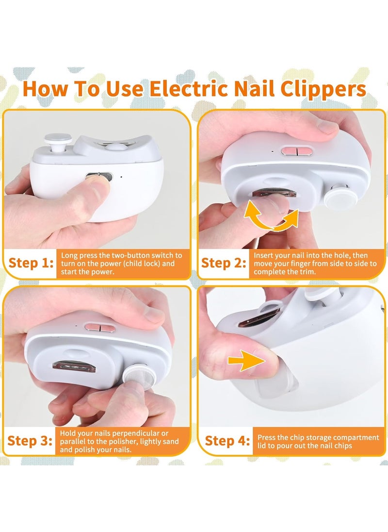 CityRiya-Long Electric Baby Nail Clippers Automatic Electric Nail Clipper with Light 2 in 1 Fingernail Trimmer Polisher & Clip Storage Extra Nail File USB Rechargeable Electric Nail Trimmer for Baby, Kids, Adult  - Image 5