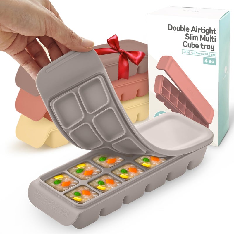 Firgi Silicone Ice Cube Freezer Tray with Lid, 100% Food-Grade Platinum Silicone,Leak Resistance & Dishwasher Safe for Baby Food Prep,Breast Milk,Purees - Korean Made (4 Sets 0.7 oz/12 Sections) - Image 1