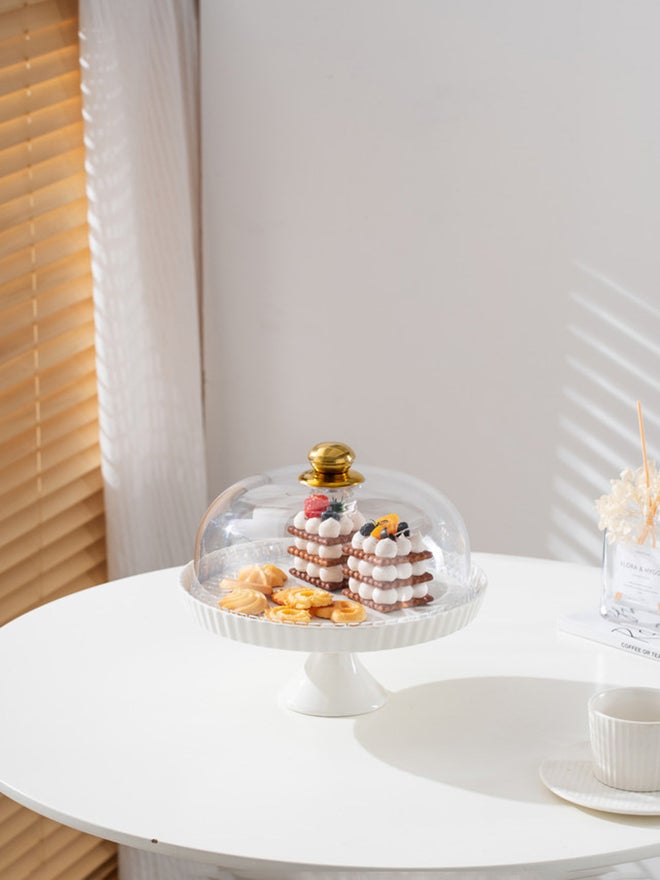 شالو طبق كيك بورسلين أبيض أنيق بغطاء بلاستيكي - Image 2