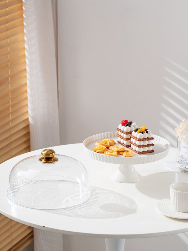 شالو طبق كيك بورسلين أبيض أنيق بغطاء بلاستيكي - Image 3