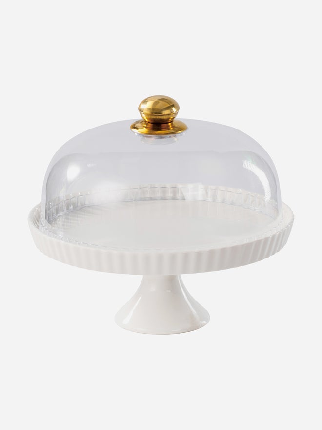 شالو طبق كيك بورسلين أبيض أنيق بغطاء بلاستيكي - Image 1