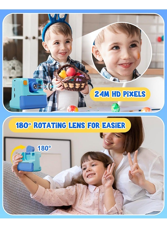 شو وو طباعة فورية لكاميرا الأطفال، هدايا عيد ميلاد للفتيات الصغيرات والأولاد من سن 3 إلى 12 عامًا، كاميرا رقمية سيلفي 24 ميجابكسل و1080 بكسل مع 3 لفات ورق طباعة بدون حبر وبطاقة SD 32 جيجا - أزرق - Image 3