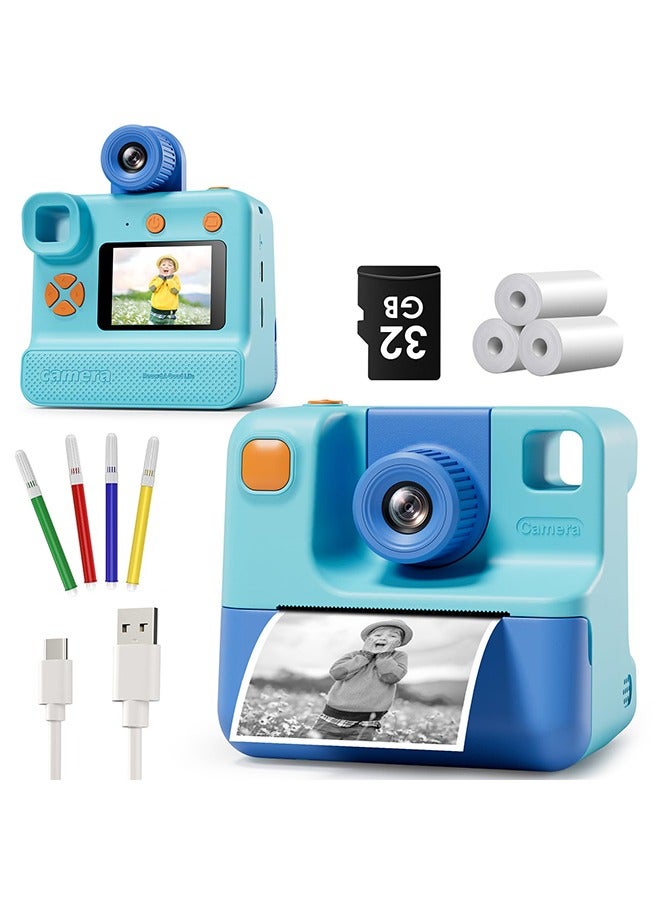 شو وو طباعة فورية لكاميرا الأطفال، هدايا عيد ميلاد للفتيات الصغيرات والأولاد من سن 3 إلى 12 عامًا، كاميرا رقمية سيلفي 24 ميجابكسل و1080 بكسل مع 3 لفات ورق طباعة بدون حبر وبطاقة SD 32 جيجا - أزرق - Image 1