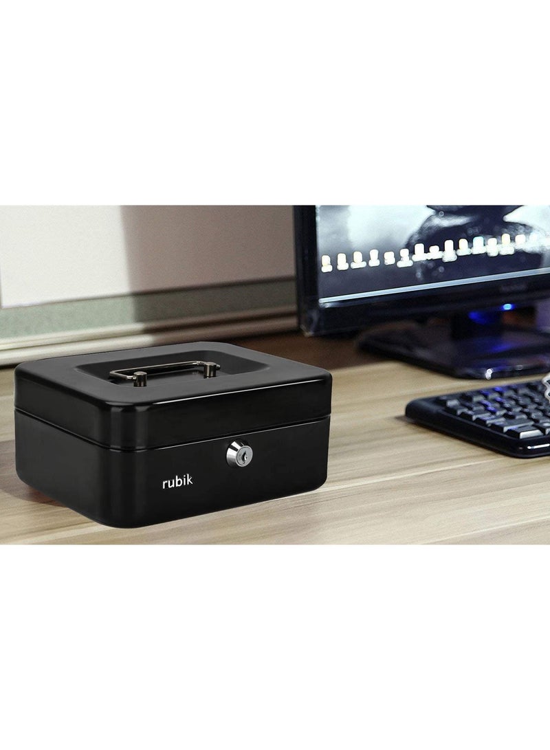 Rubik صندوق نقود متوسط الحجم مصنوع من الفولاذ مع صينية وقفل، صندوق نقود محمول متين وآمن للفواتير والمجوهرات والإيصالات والعملات المعدنية (20 × 16 × 9 سم) أسود - Image 4