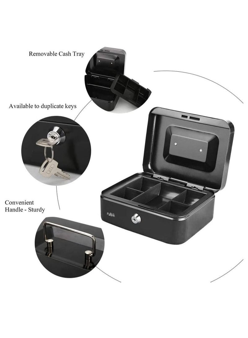Rubik صندوق نقود متوسط الحجم مصنوع من الفولاذ مع صينية وقفل، صندوق نقود محمول متين وآمن للفواتير والمجوهرات والإيصالات والعملات المعدنية (20 × 16 × 9 سم) أسود - Image 2