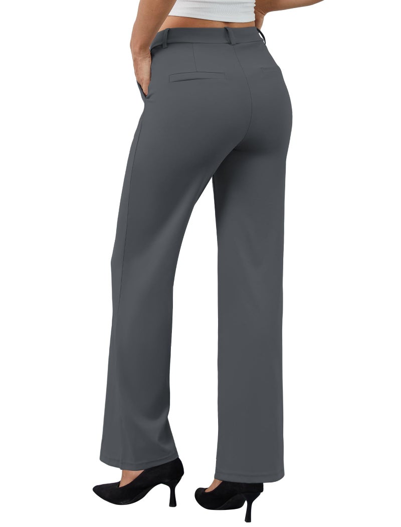 DLOODA Women's Dress Pants Business Casual Stretchy Work Pants High Waisted Pull On Slacks Office Wide Leg Trousers Dark Grey - Image 2