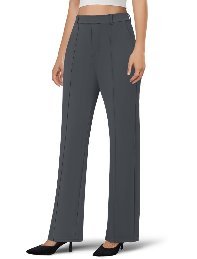 DLOODA Women's Dress Pants Business Casual Stretchy Work Pants High Waisted Pull On Slacks Office Wide Leg Trousers Dark Grey - Image 1