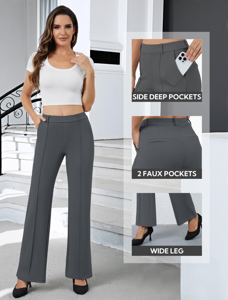 DLOODA Women's Dress Pants Business Casual Stretchy Work Pants High Waisted Pull On Slacks Office Wide Leg Trousers Dark Grey - Image 4
