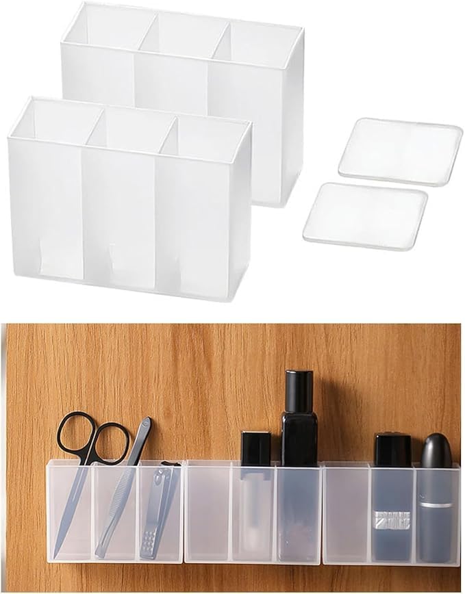 ACROWN Mini Wall Mount Storage Box, Compartment Transparent Plastic Makeup Brush Lipstick Holder Self-Adhesive Pen Holder Makeup Organizer for Home Office (9) - Image 1