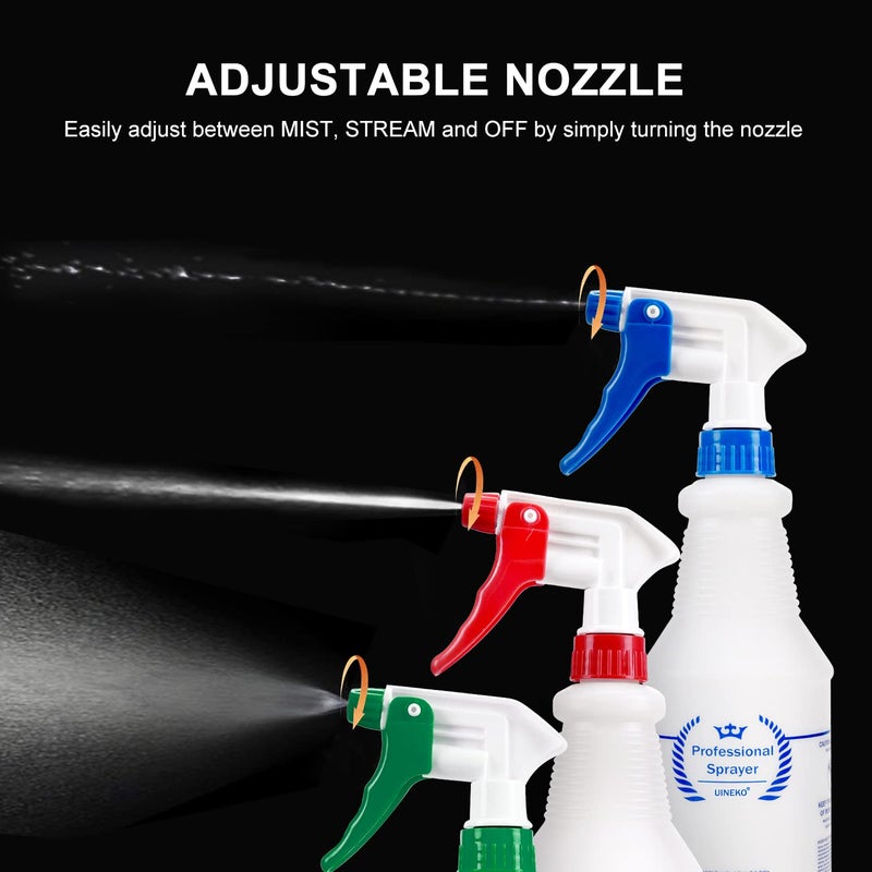 Uineko Plastic Spray Bottle (3 Pack, 24 Oz, 3 Colors) Heavy Duty All-Purpose Empty Spraying Leak Proof Mist Water Bottles for Cleaning Solutions Plants Essential Oils Hair Pet with Adjustable Nozzle - Image 2