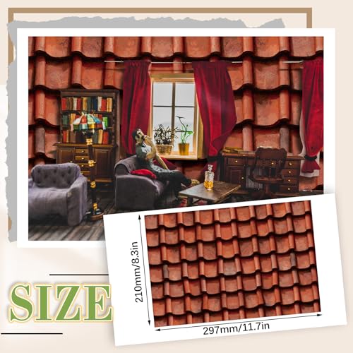 Flutesan 12 Pcs Miniature Dollhouse Wallpaper and Flooring Peel and Stick Mini DIY Self Adhesive Dollhouse Accessories 827 x 1169 Inch Roof Tiles Clay - Image 5