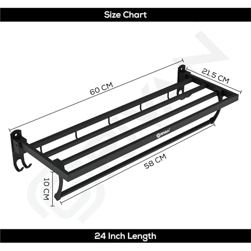 GRIVAN Durable Stainless Steel 24 Inch Foldable Towel Rack/Shelf/Stand for Bathroom, Towel Holder with Hooks and Hanger (Black Matte Finish) - Image 2