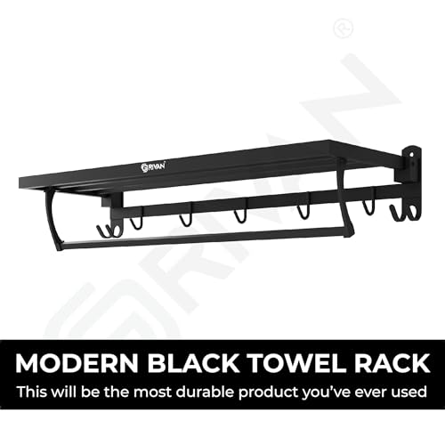 GRIVAN Durable Stainless Steel 24 Inch Foldable Towel Rack/Shelf/Stand for Bathroom, Towel Holder with Hooks and Hanger (Black Matte Finish) - Image 3