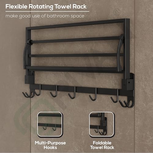 GRIVAN Durable Stainless Steel 24 Inch Foldable Towel Rack/Shelf/Stand for Bathroom, Towel Holder with Hooks and Hanger (Black Matte Finish) - Image 5