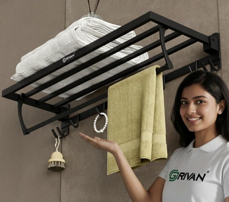 GRIVAN Durable Stainless Steel 24 Inch Foldable Towel Rack/Shelf/Stand for Bathroom, Towel Holder with Hooks and Hanger (Black Matte Finish) - Image 1