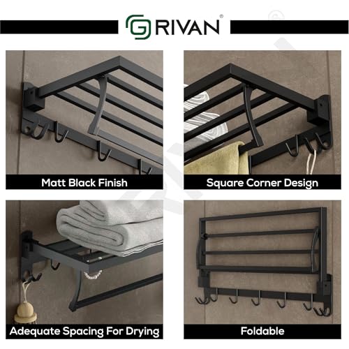 GRIVAN Durable Stainless Steel 24 Inch Foldable Towel Rack/Shelf/Stand for Bathroom, Towel Holder with Hooks and Hanger (Black Matte Finish) - Image 4