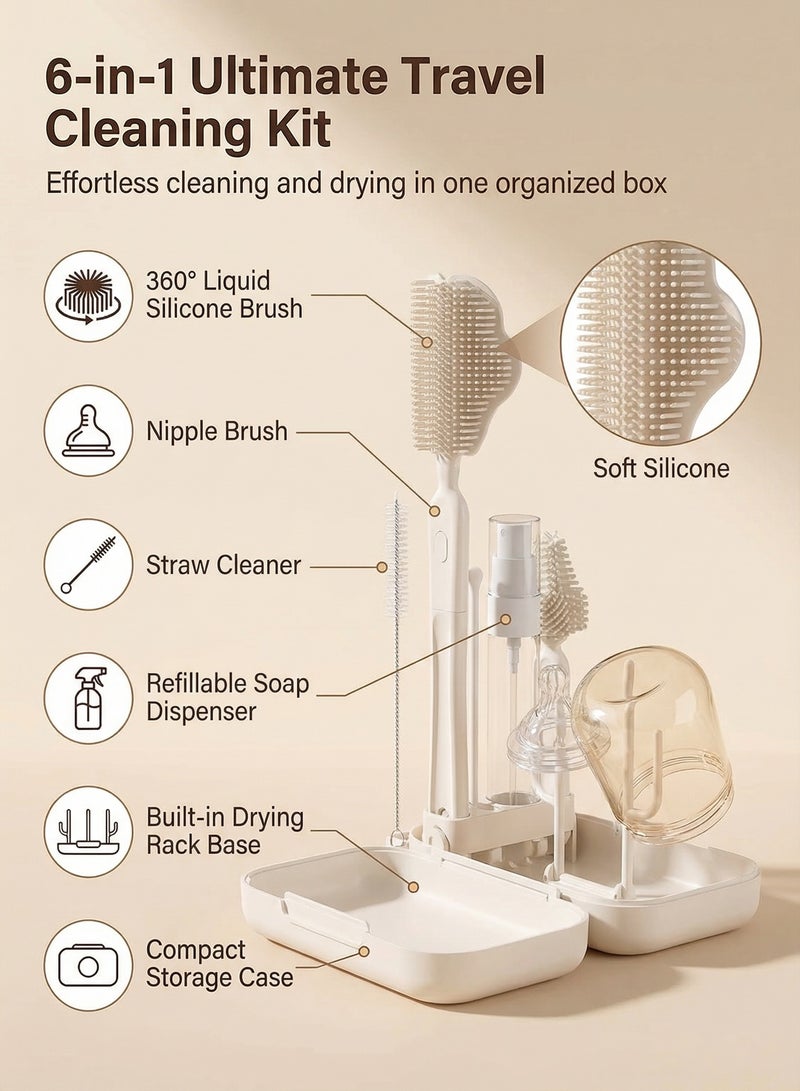 Minitutu 6-in-1 Baby Bottle Brush Set with Drying Rack & Case - Silicone Travel Bottle Cleaner Kit for Newborns - Portable Organizer with Nipple & Straw Brush, Soap Dispenser - BPA Free Essentials - Image 2
