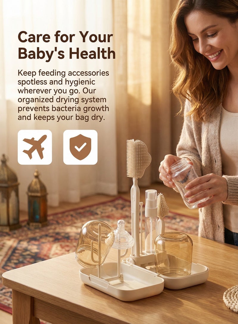Minitutu 6-in-1 Baby Bottle Brush Set with Drying Rack & Case - Silicone Travel Bottle Cleaner Kit for Newborns - Portable Organizer with Nipple & Straw Brush, Soap Dispenser - BPA Free Essentials - Image 4