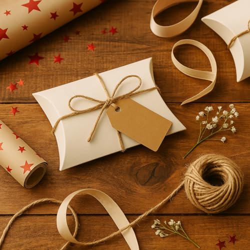 mudrit Pillow Paper Boxes - Set of 50 with Jute Twine | Decorative Folding Paper Gift Boxes for Gifting Chocolates, Dryfruits, and Candies | Size 5.5" x 3.5" (White) - Image 5