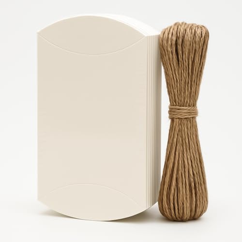 mudrit Pillow Paper Boxes - Set of 50 with Jute Twine | Decorative Folding Paper Gift Boxes for Gifting Chocolates, Dryfruits, and Candies | Size 5.5" x 3.5" (White) - Image 1