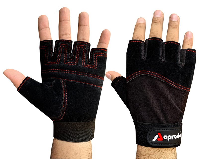 Aprodo Beginner Weight Lifting Gym Gloves, Free Size (BLK RED Thread) - Image 1
