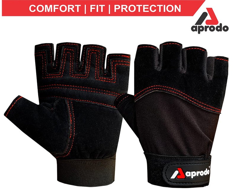 Aprodo Beginner Weight Lifting Gym Gloves, Free Size (BLK RED Thread) - Image 3