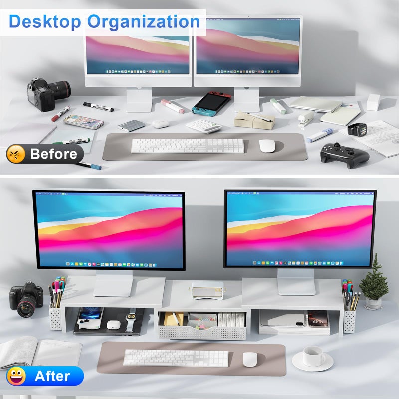 gianotter Dual Monitor Stand Riser, Desk Organizer With Drawer and 2 Pen Holders, Monitor Stand for Desk, Office Decor Essentials (White) - Image 2