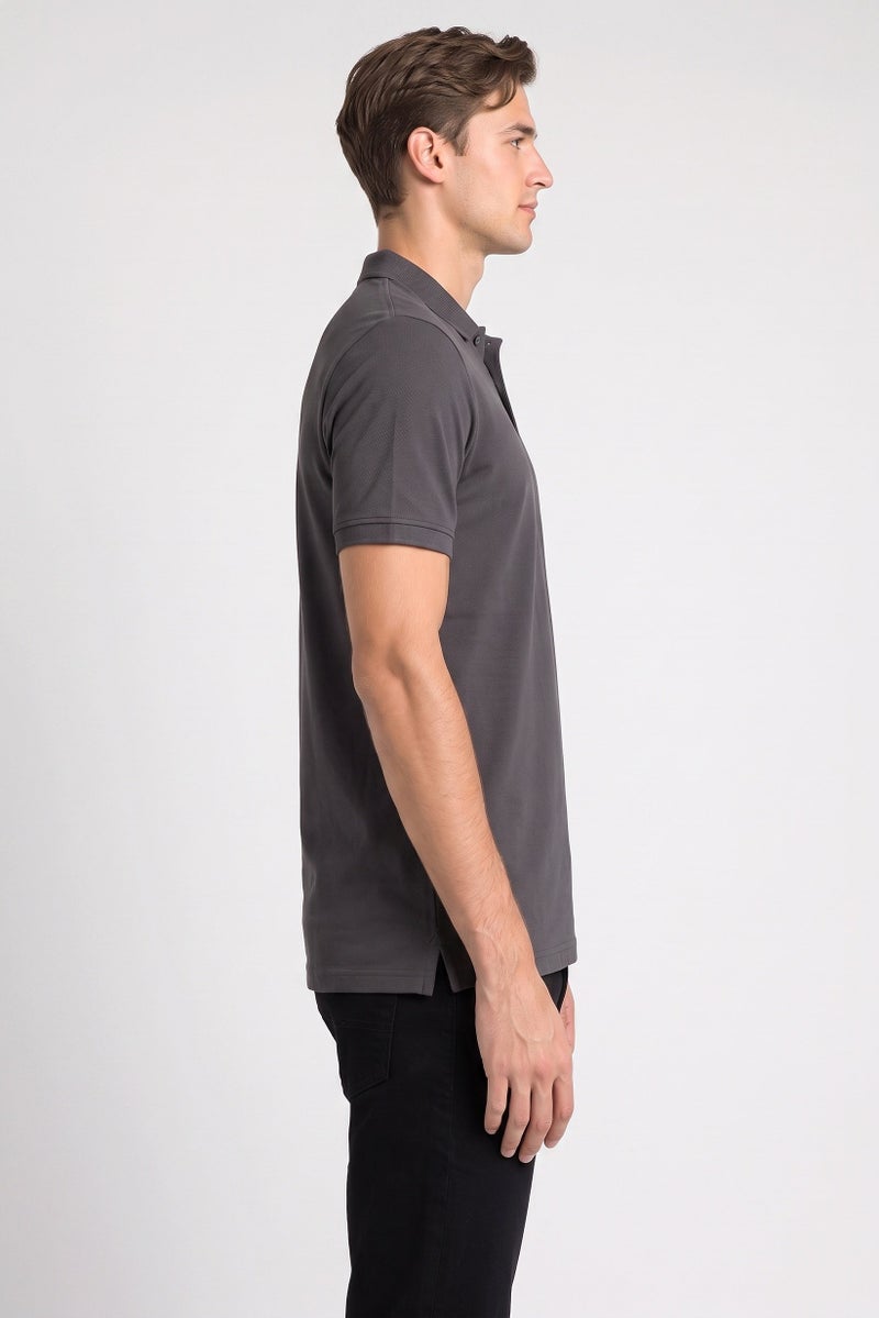 Lyle & Scott Men Spread Collar Embroidered Logo Short Sleeve Polo Shirt, Dark Grey - Image 3