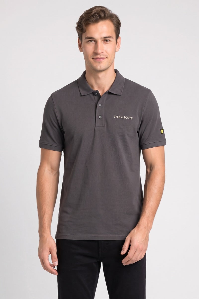 Lyle & Scott Men Spread Collar Embroidered Logo Short Sleeve Polo Shirt, Dark Grey - Image 1