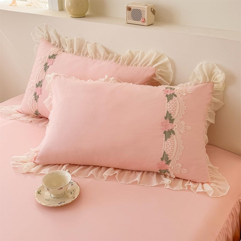 MOOWOO Pink Bedding-Flower Chic Ruffle Lace Bedding Set 3 Piece Comforter Queen Duvet Cover with Zipper Closure,Coquette Room Decor for Girls Room - Image 5
