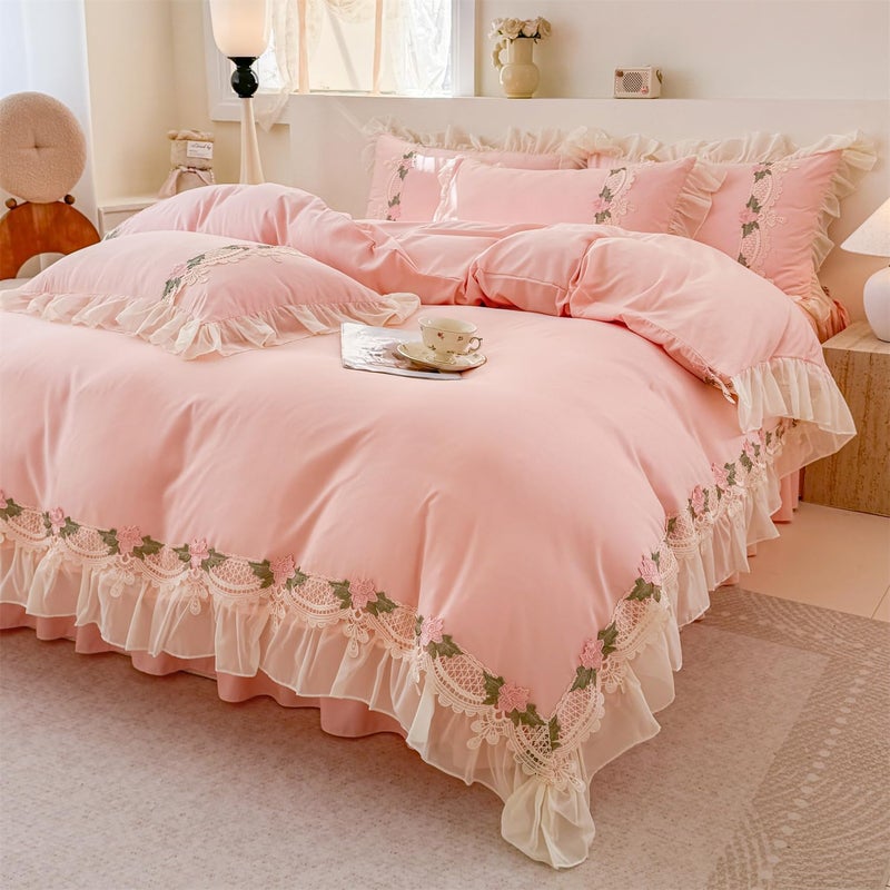 MOOWOO Pink Bedding-Flower Chic Ruffle Lace Bedding Set 3 Piece Comforter Queen Duvet Cover with Zipper Closure,Coquette Room Decor for Girls Room - Image 4