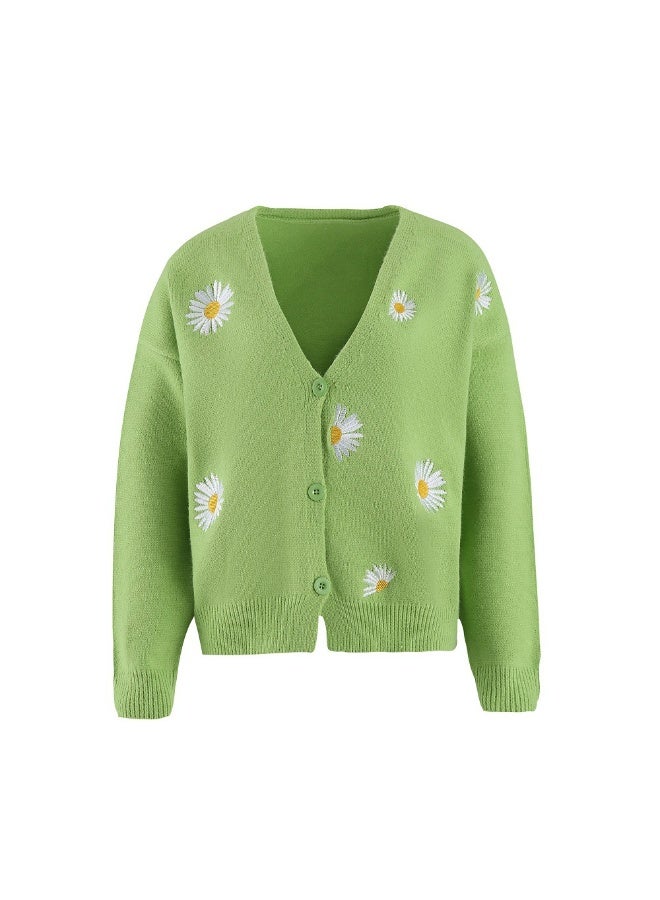 NIBEMINENT Women Knitted Cardigan Floral V Neck Full Sleeve Coat Single Breasted Sweaters Jumpers Open Stitch Autumn Winter - Image 1