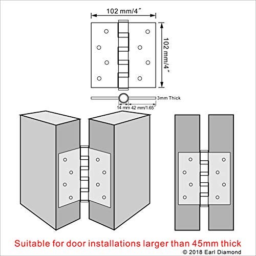 Earl Diamond 304 Stainless Steel 4" Door Hinges, Heavy Duty Ball Bearing Door Hinges with Square Corners for Exterior Interior Gate Swing Security Doors - Brushed Satin Nickel (Set of 2 Hinges) - Image 2