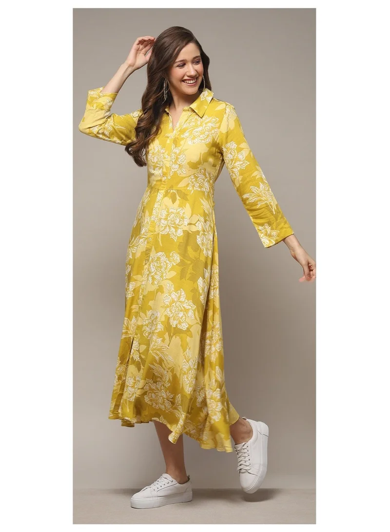 Biba  Olive LIVA Straight Printed Dress for Women | Best Price UAE