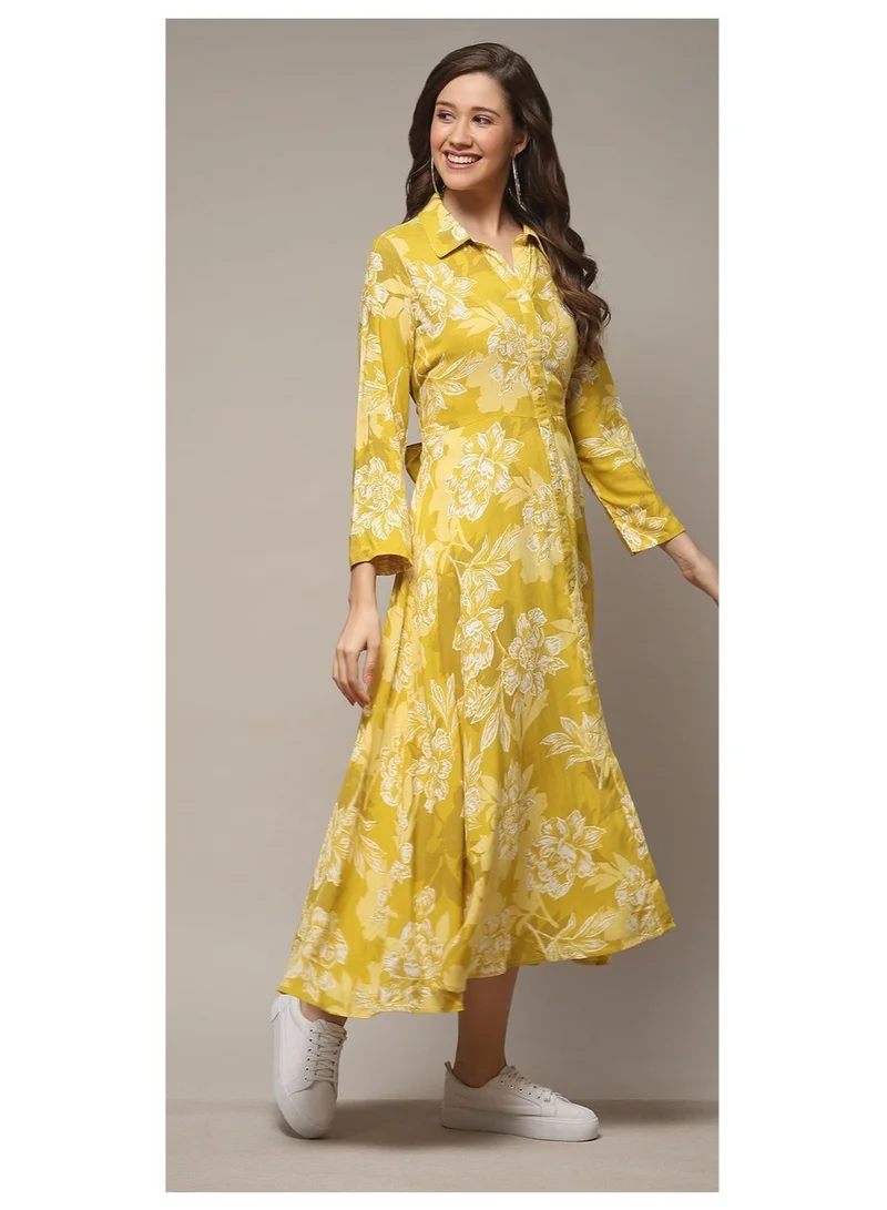 Biba  Olive LIVA Straight Printed Dress for Women | Best Price UAE