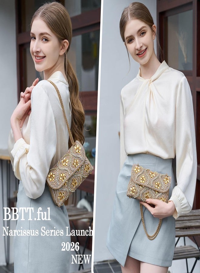 BBTT.ful حقيبة يد مسائية مزينة بالزهور من BBTT.ful، حقيبة كتف مربعة بحزام سلسلة، حقيبة كروسبودي، حقيبة يد صغيرة مرصعة بأحجار الراين الكريستالية، لون ذهبي - Image 2